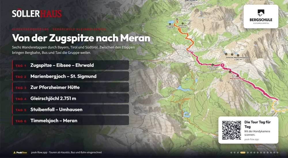 Eigene Folie: Angebot der Bergschule Kleinwalsertal mit Etappenplan und QR-Code